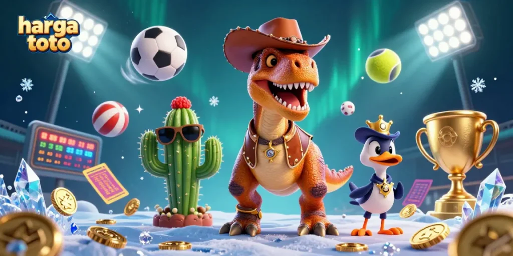 Visualisasi menarik harga toto dengan dinosaur cowboy dan elemen taruhan yang menonjol