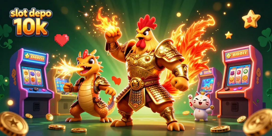 Engage with vibrant slot depo 10k scene featuring a warrior rooster, dragon, and arcade elements.