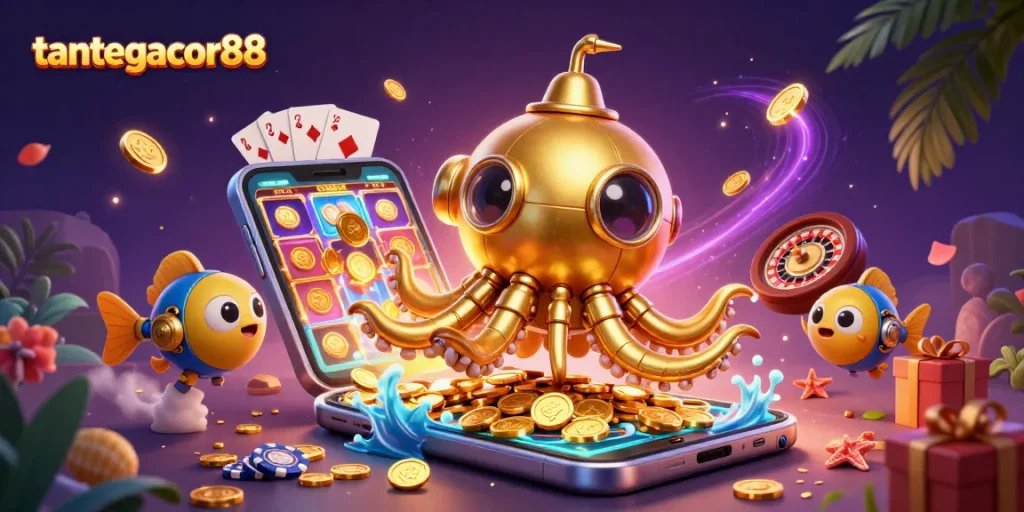 Tantegacor88 menampilkan kraken emas berlayar dengan permainan slot berwarna-warni dan koin emas menyebar.