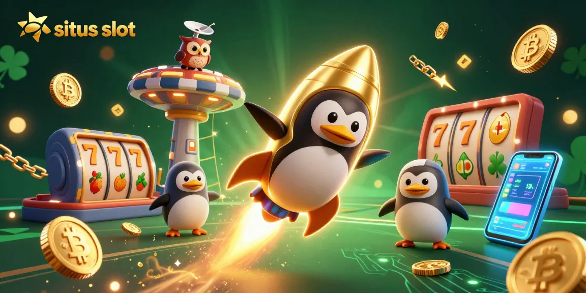 Slot online gacor di situs slot BMWSLOT88 dengan penguin emas dan slot simbol berkeliaran.