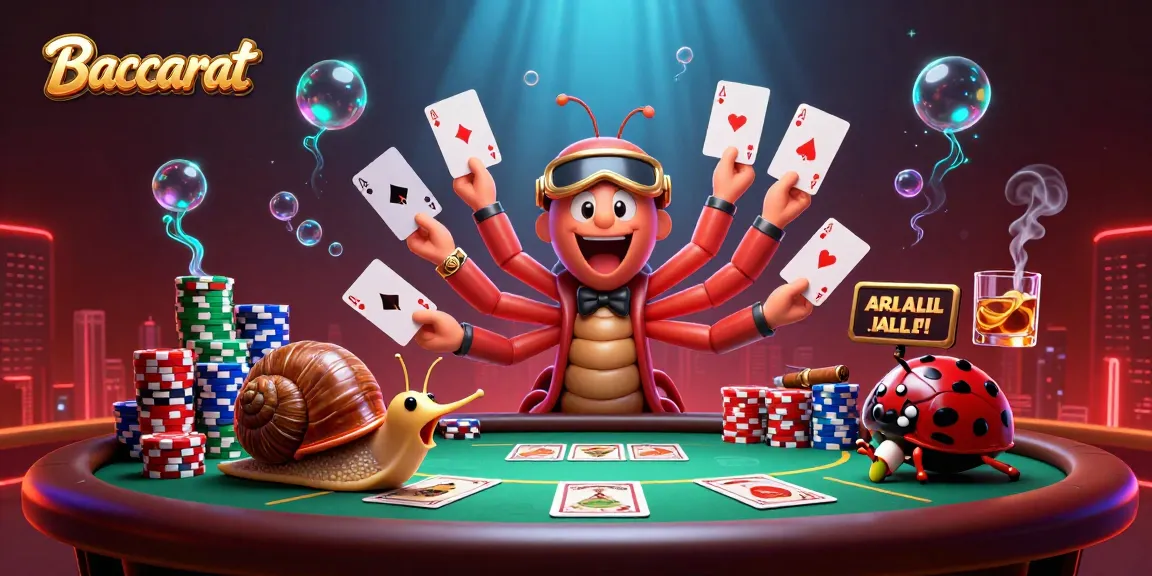 Baccarat game scene featuring a cartoon millipede dealer and high-roller snail pushing chips in a vibrant casino atmosphere.