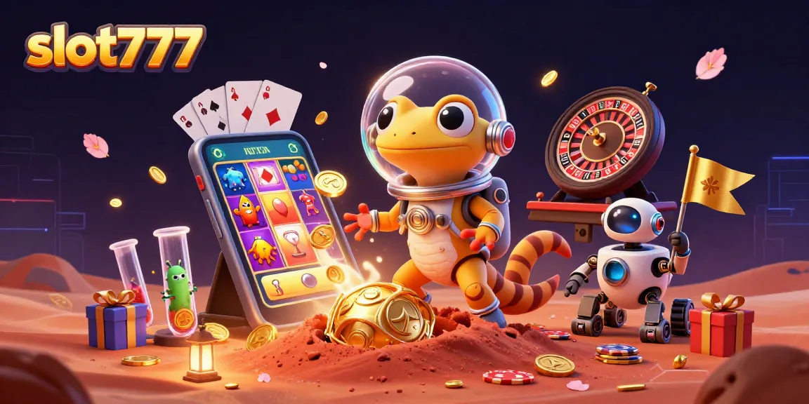 Slot777 menghadirkan keseruan mesin slot dengan gecko alien dan robot penunjuk arah yang menyemarakkan pengalaman bermain.