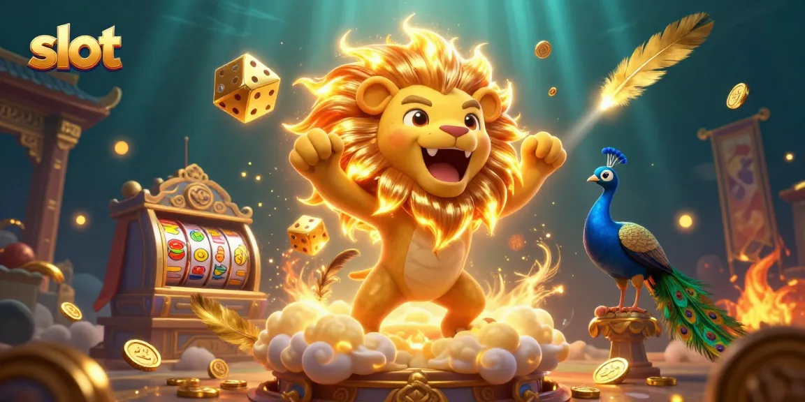 Spin for big wins with a vibrant slot scene showcasing roaring lion and golden dice.