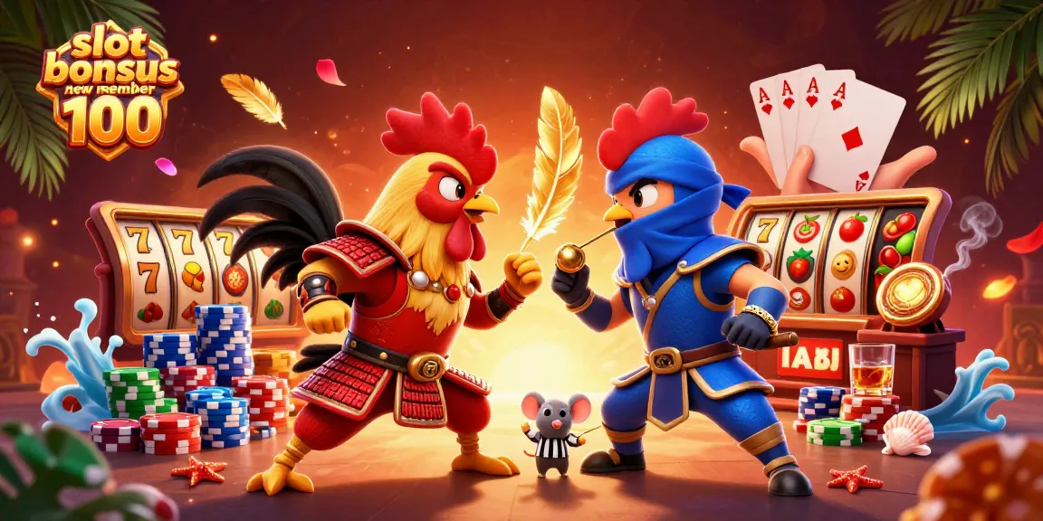 Engage with the slot bonus new member 100 promotion in a vibrant casino scene showcasing playful roosters and slot elements.