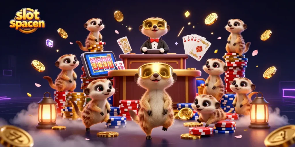 Experience slot spaceman thrills with a meerkat casino operation, cascading coins, and vibrant slot action.
