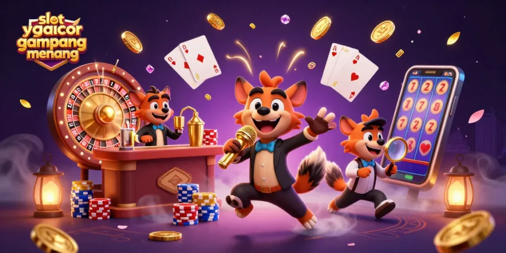 Experience slot gacor gampang menang with a vibrant casino scene featuring hyena characters and dynamic gaming elements.