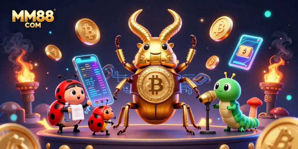 Engage with the immersive MM88 COM gaming scene featuring vivid 3D characters amidst striking casino elements.