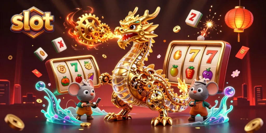 Bermain slot yang seru dengan naga mekanik, simbol keberuntungan, dan suasana kasino yang memukau.