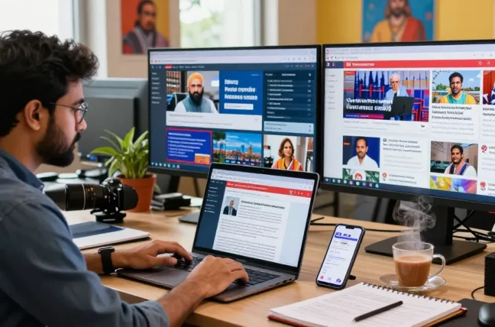 Engaging newsroom scene featuring journalist reviewing news articles on https://www.theindaily.com alongside live updates on India.
