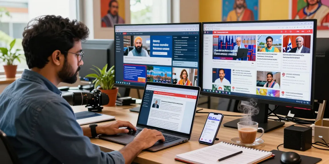 Engaging newsroom scene featuring journalist reviewing news articles on https://www.theindaily.com alongside live updates on India.