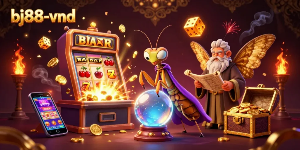 Experience the vibrant world of bj88-vnd with this dynamic, colorful casino-themed illustration.