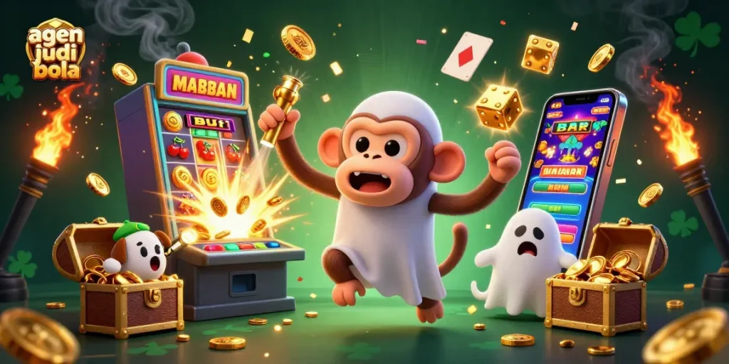 Agen judi bola illustrated with a playful poltergeist monkey juggling golden coins and dice in an exciting casino scene.