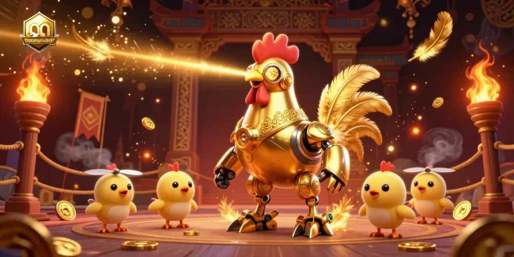 Engage with the exciting world of menangclub88 through vibrant illustrated scenes featuring a golden rooster robot and baby chick drones amidst casino elements.