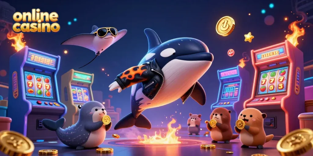 Engaging online casino scene featuring an orca, stingray, and sea otters amidst vibrant gaming elements.
