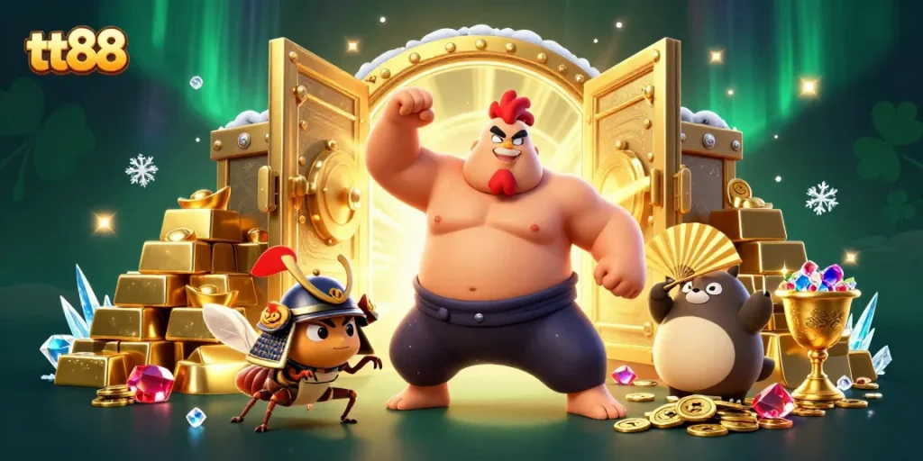 Experience thrilling action with tt88's 3D cartoon illustration showcasing sumo wrestler, samurai cricket, and tanuki announcer!