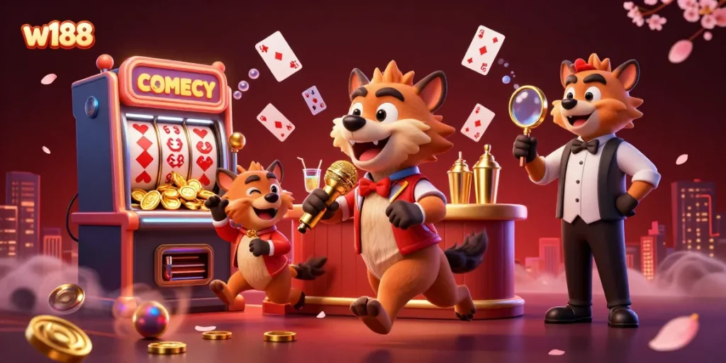 Experience the vibrant energy of w188 with animated hyenas in a comedy casino, bringing excitement to gaming.